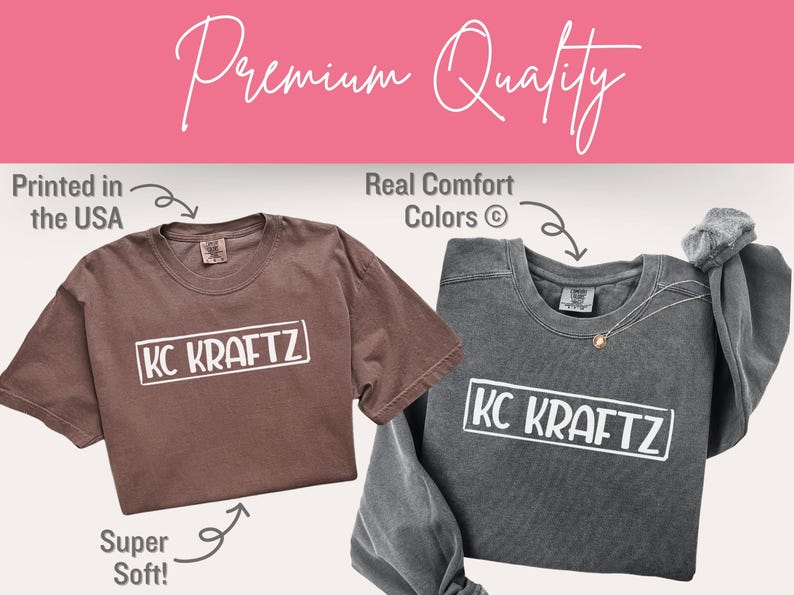 May include: Two t-shirts, one brown and one gray, with the text "KC KRAFTZ" in a white rectangle. The brown shirt is short-sleeved, and the gray shirt is long-sleeved. The image includes the text "Printed in the USA," "Real Comfort Colors," and "Super Soft!"
