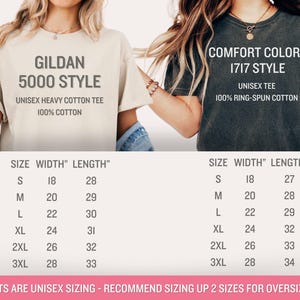 May include: Two unisex t-shirts, one cream-colored and one dark gray, with size charts. The cream shirt is Gildan 5000 style, 100% cotton. The gray shirt is Comfort Colors 1717 style, 100% ring-spun cotton. Size charts show width and length in inches.
