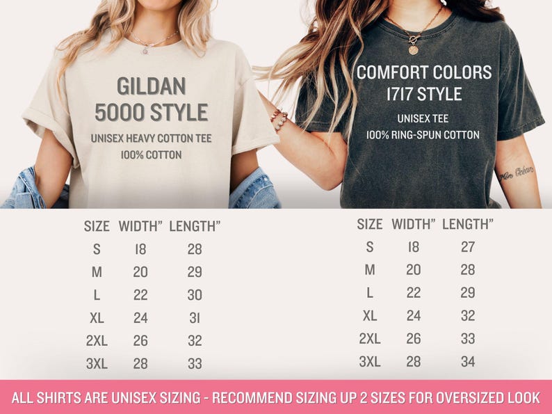 May include: Two unisex t-shirts, one cream-colored and one dark gray, with size charts. The cream shirt is Gildan 5000 style, 100% cotton. The gray shirt is Comfort Colors 1717 style, 100% ring-spun cotton. Size charts show width and length in inches.