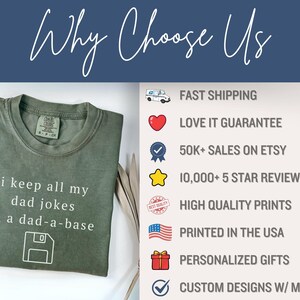 May include: Moss green t-shirt with the text "i keep all my dad jokes in a dad-a-base" and a floppy disk graphic. The shirt is part of a collection of personalized gifts and custom designs.