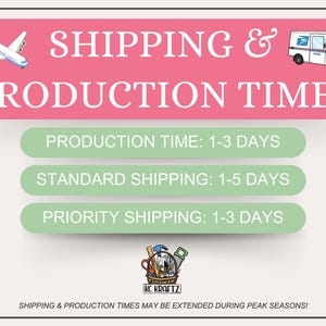 May include: A pink and white graphic with the text "SHIPPING & PRODUCTION TIMES". Includes illustrations of an airplane and a delivery truck. The graphic lists production and shipping times.