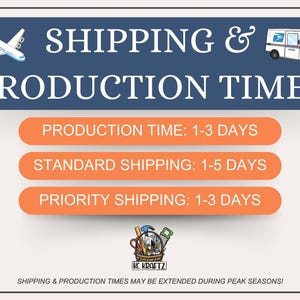 May include: A graphic with the text "SHIPPING & PRODUCTION TIMES" in white on a navy blue background. The graphic includes an airplane and a mail truck icon. Below are orange bars with text indicating production and shipping times.