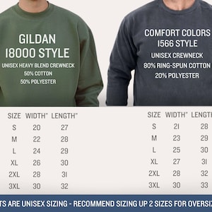 May include: Two images of Gildan and Comfort Colors sweatshirts with size charts. The Gildan sweatshirt is green and the Comfort Colors sweatshirt is dark gray. The size charts show the width and length of each size in inches.