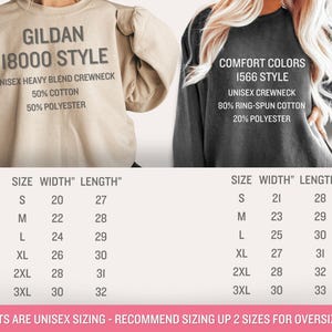 May include: Two unisex crewneck sweatshirts are displayed, one tan and one dark gray. The tan sweatshirt is Gildan 18000 style, 50% cotton, 50% polyester. The gray sweatshirt is Comfort Colors 1566 style, 80% ring-spun cotton, 20% polyester. Sizing chart included.
