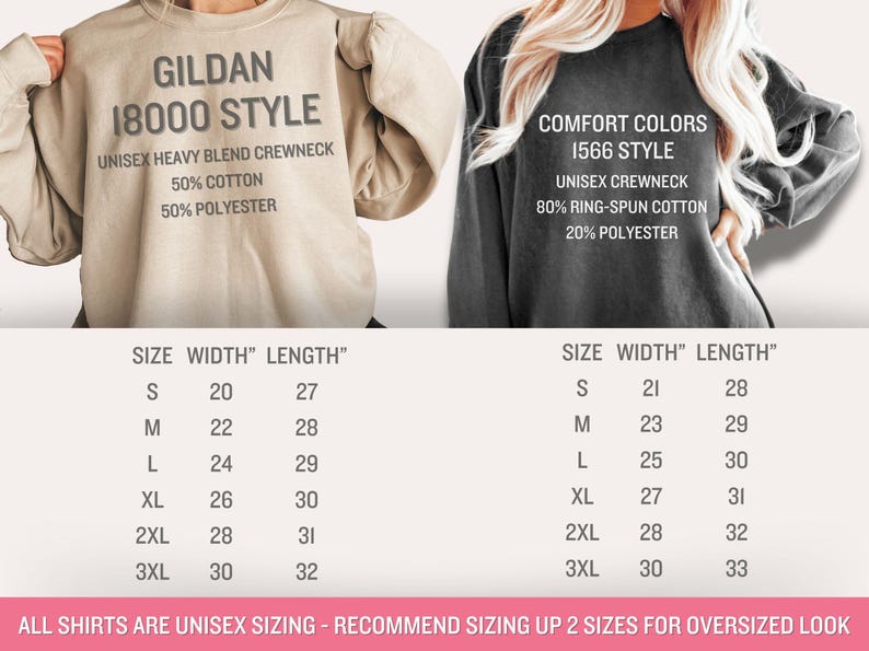 May include: Two unisex crewneck sweatshirts are displayed, one tan and one dark gray. The tan sweatshirt is Gildan 18000 style, 50% cotton, 50% polyester. The gray sweatshirt is Comfort Colors 1566 style, 80% ring-spun cotton, 20% polyester. Sizing chart included.