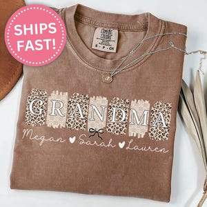 May include: Brown t-shirt with the word "Grandma" in a leopard print design. The names Megan, Sarah, and Lauren are written below the word "Grandma".