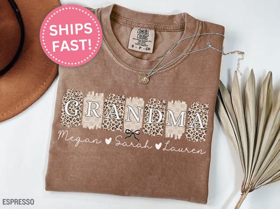 Personalized Grandma Shirt Cheetah Grandma T-Shirt Gift for Mother's Day Grandma Tee Grandkid's Names Mother's Day Gift for Grandma (KC0096)