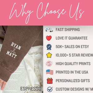 K&ouml;nnte beinhalten: Ein braunes Sweatshirt mit dem Text "RYAN X MATT" auf der &Auml;rmel gestickt. Das Sweatshirt wird auf einer wei&szlig;en Oberfl&auml;che mit dem Wort "ESPRESSO" gezeigt. Das Bild enth&auml;lt auch eine Liste von Gr&uuml;nden, warum man sich f&uuml;r den Verk&auml;ufer entscheiden sollte, darunter schneller Versand, eine Zufriedenheitsgarantie, &uuml;ber 50.000 Verk&auml;ufe auf Etsy, &uuml;ber 10.000 5-Sterne-Bewertungen, hochwertige Drucke, gedruckt in Deutschland, personalisierte Geschenke und kundenspezifische Designs mit Mockups.