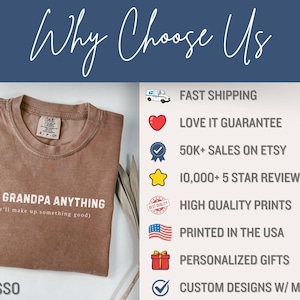 May include: Espresso-colored t-shirt with the text "ASK GRANDPA ANYTHING (he'll make up something good)". The image also includes icons and text such as "Fast Shipping", "Love It Guarantee", and "Printed in the USA".