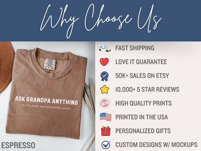 May include: Espresso-colored t-shirt with the text "ASK GRANDPA ANYTHING (he'll make up something good)". The image also includes icons and text such as "Fast Shipping", "Love It Guarantee", and "Printed in the USA".