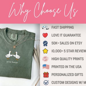 May include: A moss green t-shirt with a graphic of two white geese bumping beaks, with the text "goose bumps" below. A gold necklace and a hat are next to the shirt. The words "Why Choose Us" are at the top.