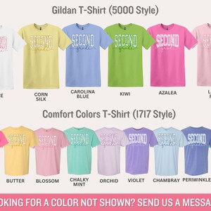 May include: A variety of colorful t-shirts, including white, yellow, blue, green, pink, and others, each displaying the text "SECOND grade". The shirts are available in Gildan and Comfort Colors styles.
