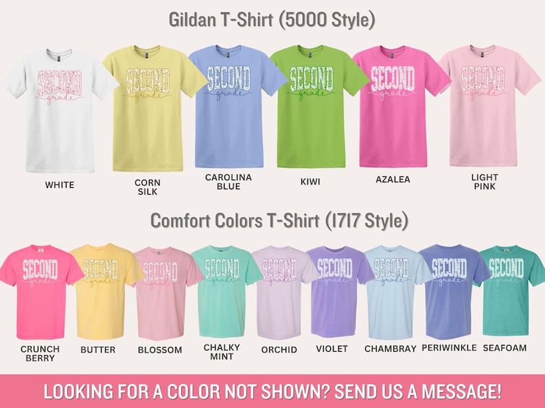 May include: A variety of colorful t-shirts, including white, yellow, blue, green, pink, and others, each displaying the text "SECOND grade". The shirts are available in Gildan and Comfort Colors styles.
