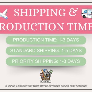 May include: A pink and white graphic with the text "SHIPPING & PRODUCTION TIMES". Includes illustrations of an airplane and a delivery truck. The graphic lists production and shipping times.