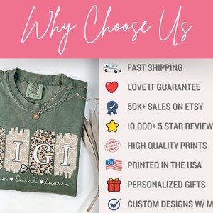 Pode incluir: Camiseta verde musgo com a palavra "GIGI" em um design de letras em bloco com estampa de leopardo e cora&ccedil;&otilde;es. A camisa tamb&eacute;m tem os nomes Megan, Sarah e Lauren impressos abaixo. A imagem tamb&eacute;m inclui o texto "Why Choose Us".