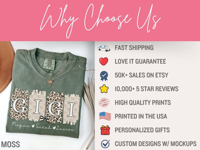 Pode incluir: Camiseta verde musgo com a palavra "GIGI" em um design de letras em bloco com estampa de leopardo e cora&ccedil;&otilde;es. A camisa tamb&eacute;m tem os nomes Megan, Sarah e Lauren impressos abaixo. A imagem tamb&eacute;m inclui o texto "Why Choose Us".