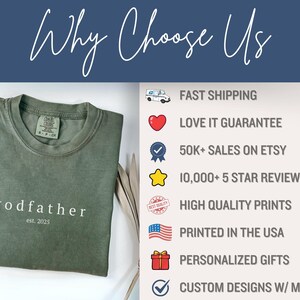May include: A moss green t-shirt with the word "godfather" and the year "est. 2025" printed in white. The image also includes text that says "Why Choose Us" and lists features like fast shipping and personalized gifts.