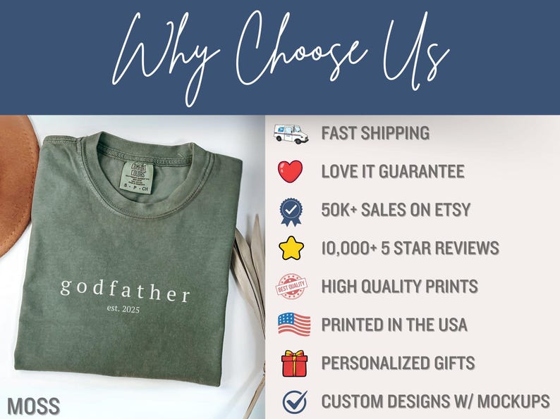 May include: A moss green t-shirt with the word "godfather" and the year "est. 2025" printed in white. The image also includes text that says "Why Choose Us" and lists features like fast shipping and personalized gifts.
