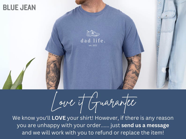 May include: A blue t-shirt with a white graphic of a sneaker and the text "dad life. est. 2023".