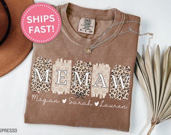 Personalized Memaw Shirt, Cheetah Memaw T-Shirt Gift for Mother's Day Memaw Tee Grandkid's Names Mother's Day Gift for Memaw (KC0099)