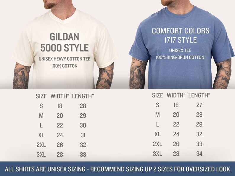 May include: Two t-shirts, one cream-colored and one blue, with size charts. The cream shirt is Gildan 5000 Style, unisex heavy cotton tee. The blue shirt is Comfort Colors 1717 Style, unisex tee. Size charts show width and length in inches.