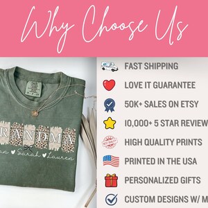 May include: Green t-shirt with a "Grandma" design featuring a leopard print and the names "Megan", "Sarah", and "Lauren". The shirt is displayed on a white background with a list of reasons to choose the seller, including fast shipping, a love it guarantee, high-quality prints, and personalized gifts.
