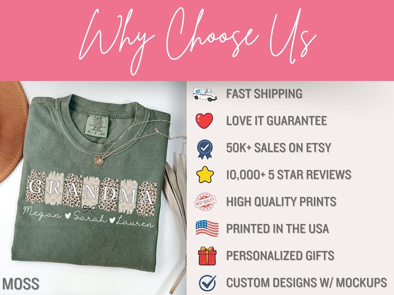 May include: Green t-shirt with a "Grandma" design featuring a leopard print and the names "Megan", "Sarah", and "Lauren". The shirt is displayed on a white background with a list of reasons to choose the seller, including fast shipping, a love it guarantee, high-quality prints, and personalized gifts.