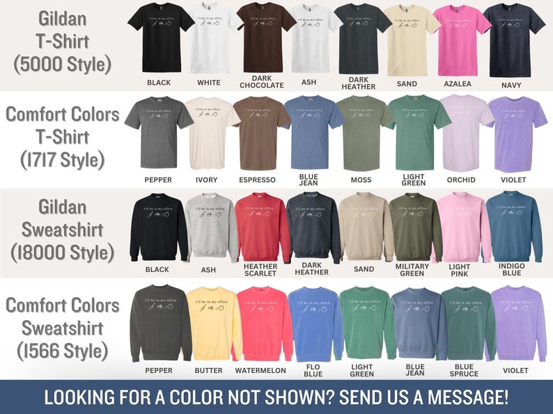 May include: A selection of t-shirts and sweatshirts in a range of colours, including black, white, and navy. The image showcases different styles, such as Gildan and Comfort Colors, with the text "I'd rather be in my office" printed on each item. The image also includes a call to action.