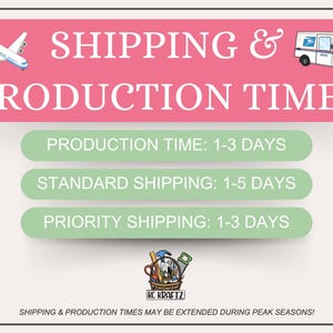 May include: A pink banner displays "SHIPPING & PRODUCTION TIMES" with an airplane and mail truck graphic. Below, three green rectangles list production and shipping times. The image includes the KC Kraftz logo and a disclaimer about peak seasons.