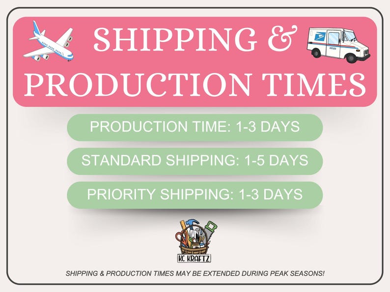 May include: A pink banner displays "SHIPPING & PRODUCTION TIMES" with an airplane and mail truck graphic. Below, three green rectangles list production and shipping times. The image includes the KC Kraftz logo and a disclaimer about peak seasons.