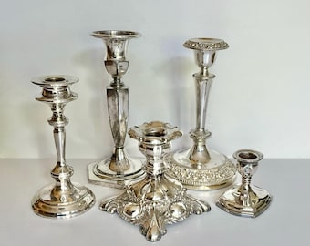 Vintage Silver Plated Candlestick Collection, Mismatched Candle Holders, Eclectic Silver Decor