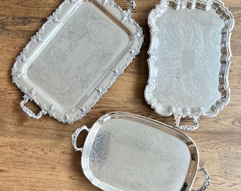 Vintage large silver plated tray. Handle and ornate silver platter. Priced individually
