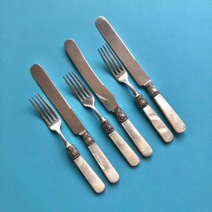 Antique Mother of Pearl Sterling Silver Flatware Set for 3 by Meriden