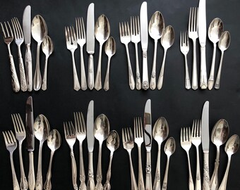 Mismatched / mixed patterns silver plated 5 piece 8 place settings flatware /silverware set. Antique and vintage ornated items.