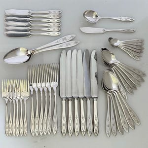 May include: A collection of silver-toned flatware including six dinner forks, six dinner knives, six soup spoons, six smaller spoons, six butter knives, and two serving spoons. Each piece features a decorative engraved monogram on the handle.