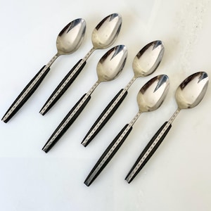 Vintage Coffee Spoons Set of 6. Mid-Century Stainless Steel with Black Handles and Star Pattern. Atomic Starburst flatware