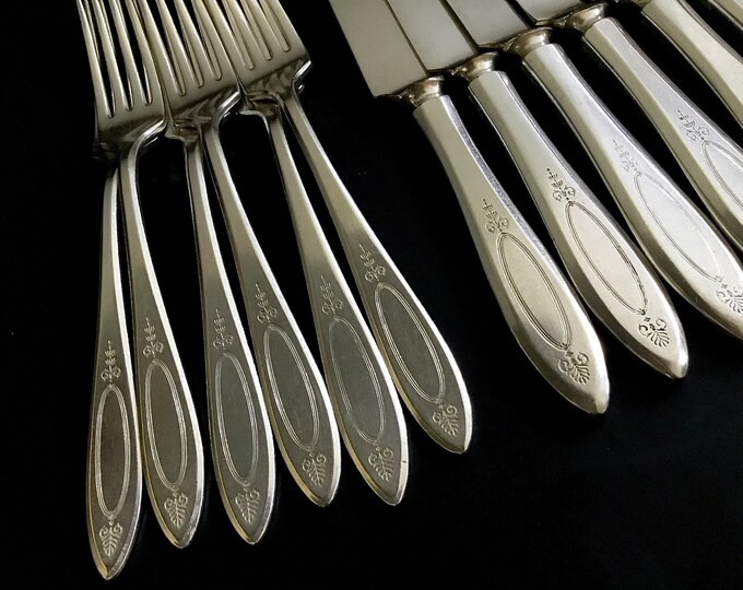 Antique Vintage Silver Plated Flatware Set for 6 in Adam Pattern From