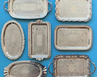 Vintage small silver plated serving tray. Ornate silverware. Priced individually, read description