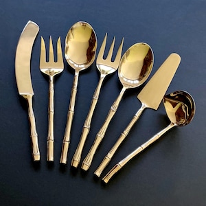 Vintage solid brass / bronze MCM / bamboo design serving utensils / hostess set, 7 pc