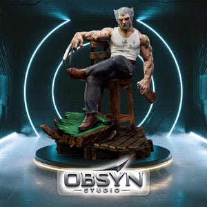 May include: A detailed statue of Wolverine, seated on a wooden chair, with his iconic claws extended. He wears a white tank top, jeans, and brown boots. The statue is on a platform with the "OBSYN STUDIO" logo.