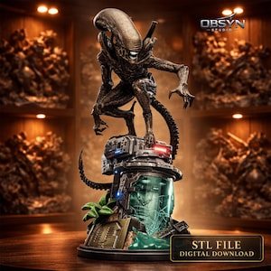 May include: A detailed brown Alien figure, posed atop a futuristic base with a glass container. The figure has a long head, sharp teeth, and a segmented tail. The base has a metallic design with red and blue lights. The text "STL FILE DIGITAL DOWNLOAD" is visible.
