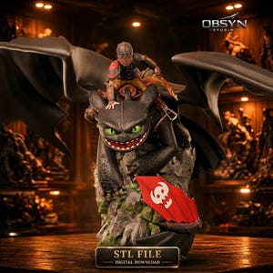 May include: A detailed statue of a dragon and rider. The black dragon has green eyes and a red shield. The rider wears a helmet and armour. The base of the statue has the text "STL FILE DIGITAL DOWNLOAD".