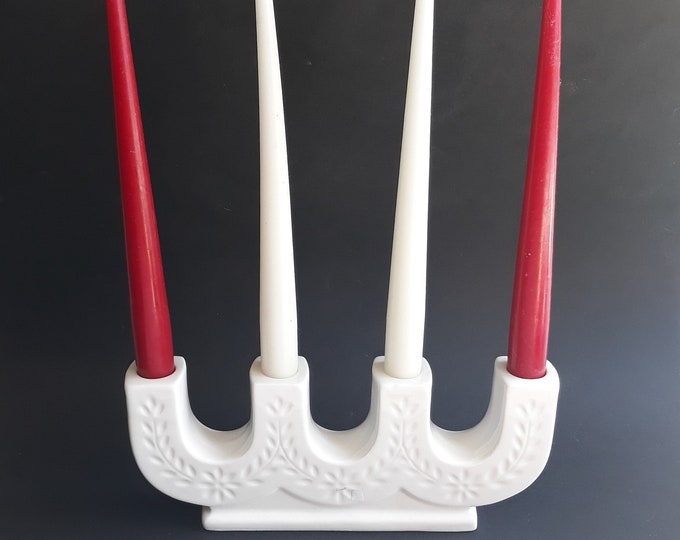 Swedish White Ceramic Candle Holder for Four Candles. Embossed Motifs of Stylized Leaves and Flowers. Not Marked. Good Vintage Condition.