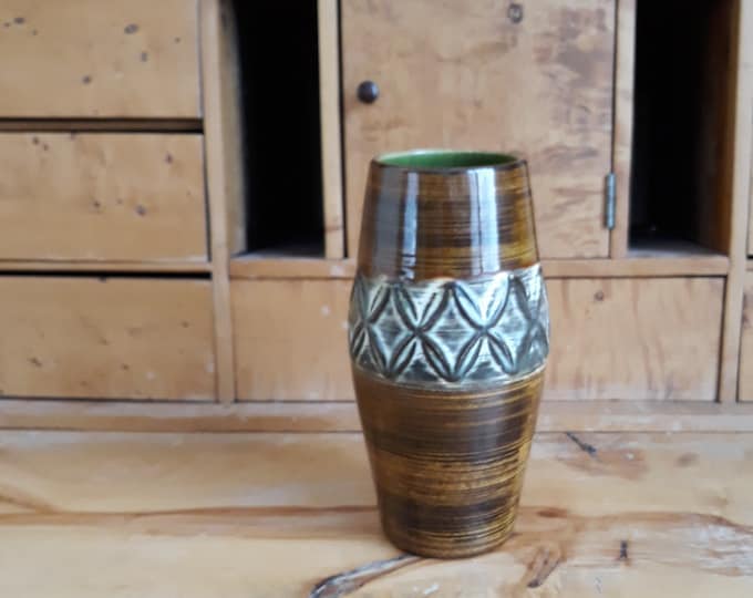 Vase West Germany. Mid Century Modern Style Ceramic Vase Glazed in Brown Tones with Relief Decor. Vintage W. Germany Home Decor. Marked.