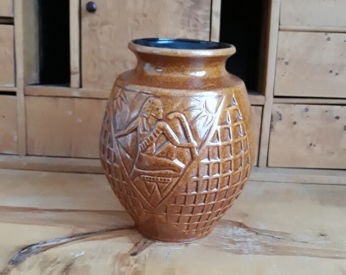Vase West Germany. Mid Century Modern Style Ceramic Vase Glazed in Brown Tones. Egyptian Relief Decor. Vintage W. Germany Home Decor. Marked