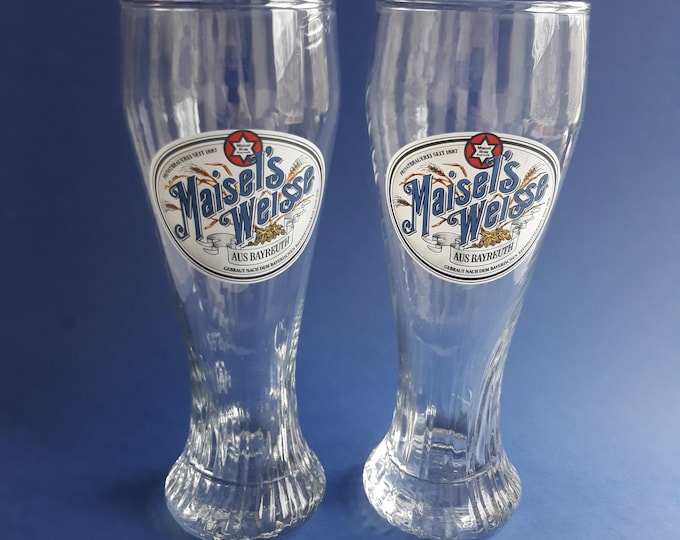 Set of 2 Maisels Weisse Tall German Beer Glasses. 0.5 l, 9.5 " Aus Bayreuth Germany Breweriana. Logo. Iconic German Brewery Glassware.