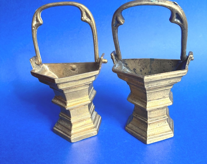 Vintage Five-sided Solid Brass Holy Water Bucket, also known as Situla or Wijwateremmer. Patina.