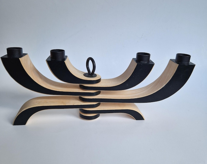 Design Stockholm House. Wooden Candle Holder in Black, Beige Colours with Metal Details. Modern Contemporary Scandinavian Design. Marked.