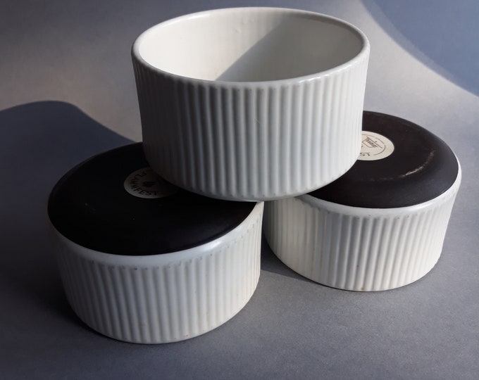 Set of 3 Vintage Rosenthal Thomas W. Germany Flammfest Ramekins White Ribbed with Chocolate Brown Bottom. Mid Century Modern Cookware.