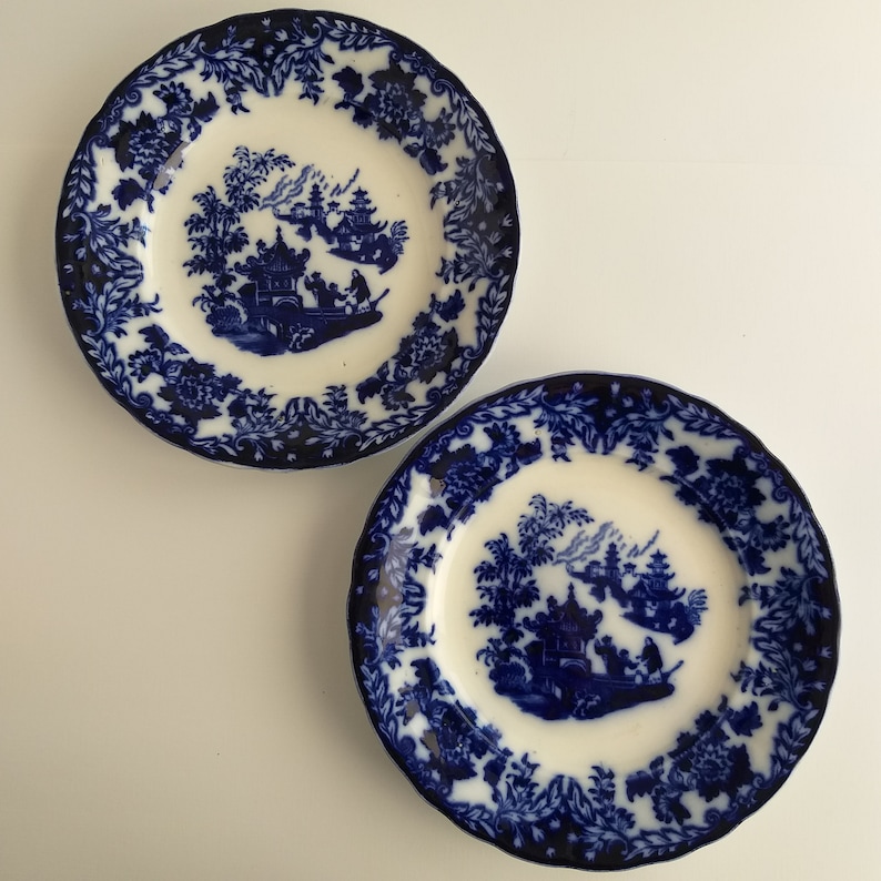 Antique Rörstrand Flow Blue Plate. Beautiful Old Swedish Porcelain Plate. Oriental Scene. Border Decorated with a Plant Motif. Collectable. image 1